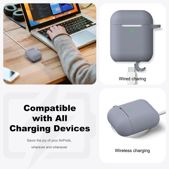Alt view image 4 of 7 - R-fun for AirPods 2nd/1st Case Silicone Cover, Dark Gray | Compatible with Apple AirPods 2nd/1st (2019/2016) Generation with Keychain & Cleaner Kit, Wireless Charging Compatible
