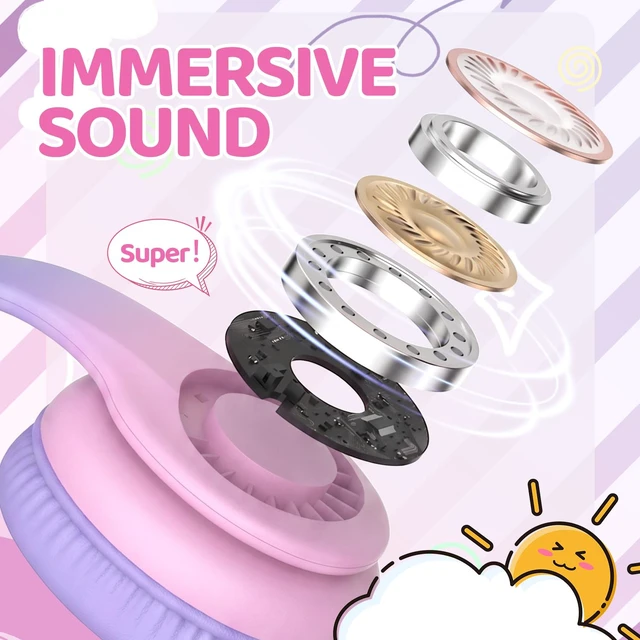 Alt view image 2 of 7 - JoySpark Kids Headphones for School Toddler, 3.5mm Jack, Gradient Pink | Foldable 85dBA Volume Limiter, Adjustable, Stereo Sound, Kids Wired Headphones Over-Ear for Boys Girls Entertainment Travel