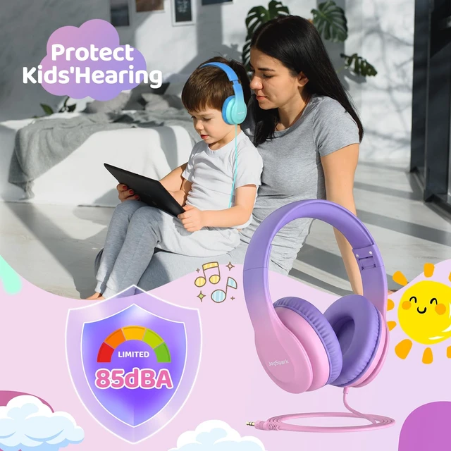 Alt view image 4 of 7 - JoySpark Kids Headphones for School Toddler, 3.5mm Jack, Gradient Pink | Foldable 85dBA Volume Limiter, Adjustable, Stereo Sound, Kids Wired Headphones Over-Ear for Boys Girls Entertainment Travel