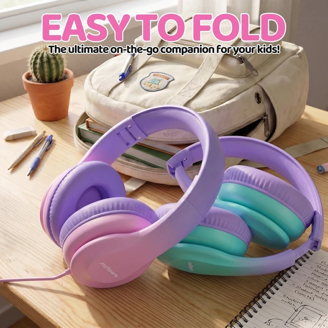 Alt view image 5 of 7 - JoySpark Kids Headphones for School Toddler, 3.5mm Jack, Gradient Pink | Foldable 85dBA Volume Limiter, Adjustable, Stereo Sound, Kids Wired Headphones Over-Ear for Boys Girls Entertainment Travel