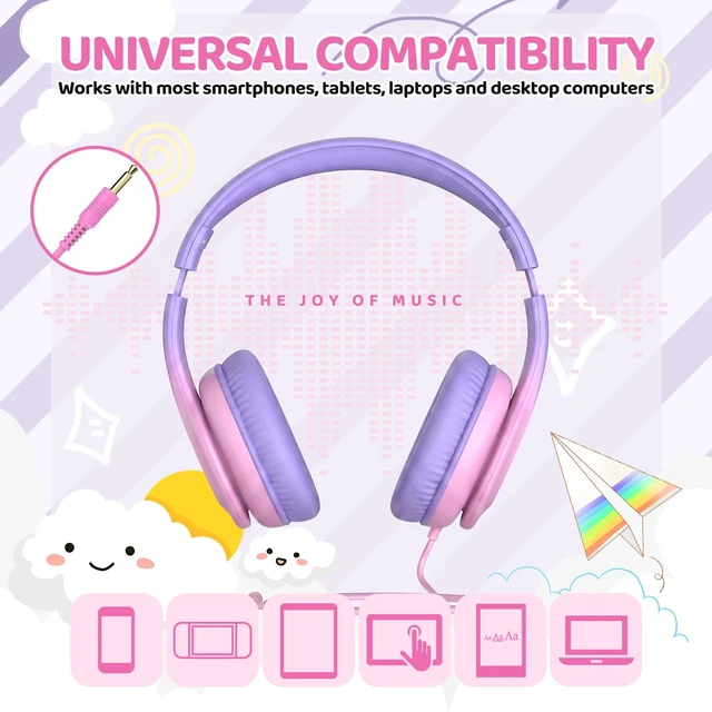 Alt view image 6 of 7 - JoySpark Kids Headphones for School Toddler, 3.5mm Jack, Gradient Pink | Foldable 85dBA Volume Limiter, Adjustable, Stereo Sound, Kids Wired Headphones Over-Ear for Boys Girls Entertainment Travel