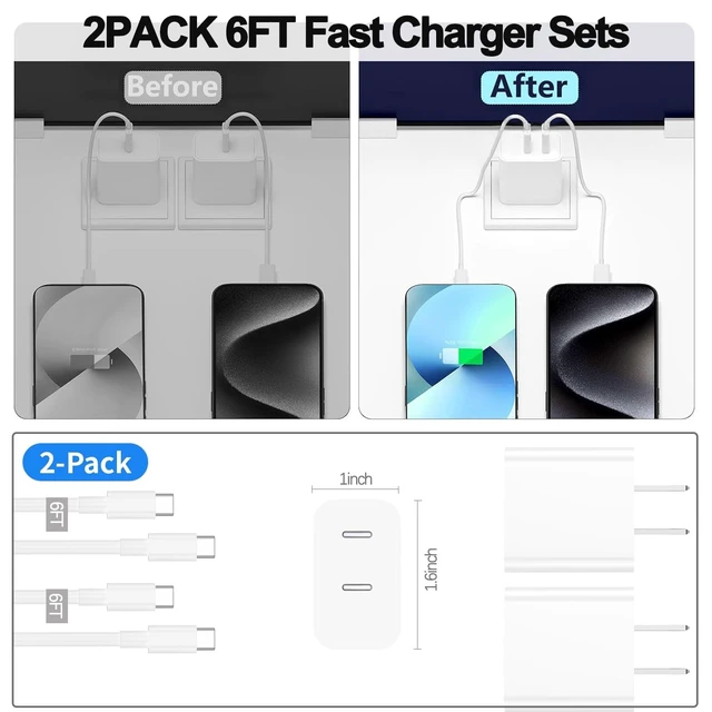 Alt view image 6 of 7 - iPhone Charger Fast Charging,2Pack Dual Port USB C Fast Wall Chargers Block with 6FT USB C Cable for Apple iPhone 17e/17 Pro Max/17Pro/Air/iPhone 16Pro Max/16 Plus/16e/15/iPad Pro/Air/Mini/AirPod