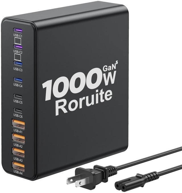 Main image of 1000W USB C Charging Station, 120W PD GaN5 Super Fast USB C Charger Block | Roruite Type C for PC Laptop MacBook Pro/Air 10 Port Charger Compatible with iPhone 17 18 16 15 14 13 Pro Max, iPad, Galaxy