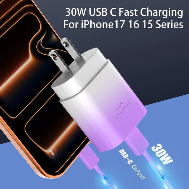 Alt view image 2 of 5 - Phone 17 16 15 Charger Fast Charging,30W USB C Phone 17 16 15 Pro Max Charger Block&10FT Long Type C Cable Cord for i.Phone 17/17 Air/17 Pro/17 Pro Max/16/16 ProMax/15/15 Pro Max,Purple Gradient