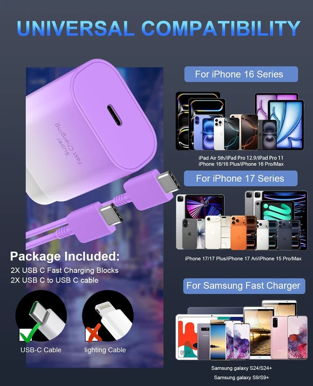 Alt view image 3 of 5 - Phone 17 16 15 Charger Fast Charging,30W USB C Phone 17 16 15 Pro Max Charger Block&10FT Long Type C Cable Cord for i.Phone 17/17 Air/17 Pro/17 Pro Max/16/16 ProMax/15/15 Pro Max,Purple Gradient