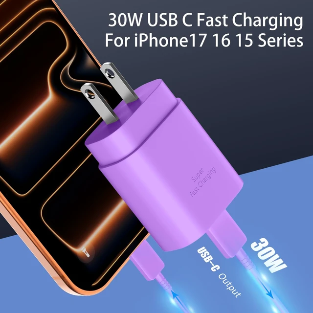 Alt view image 2 of 7 - Phone 17 16 15 Charger Fast Charging,30W USB C Phone 17 16 15 Pro Max Charger Block &10FT Long Type C Cable Cord for i.Phone 17/17 Air/17 Pro/17 Pro Max/16/16 Plus/16 Pro Max/15/15 Pro Max,Purple