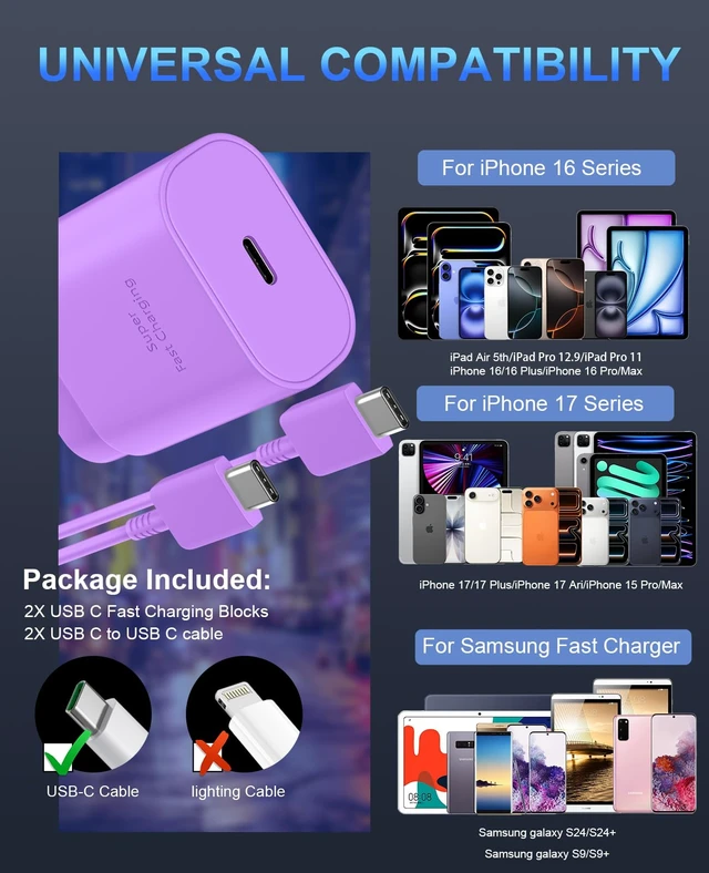 Alt view image 7 of 7 - Phone 17 16 15 Charger Fast Charging,30W USB C Phone 17 16 15 Pro Max Charger Block &10FT Long Type C Cable Cord for i.Phone 17/17 Air/17 Pro/17 Pro Max/16/16 Plus/16 Pro Max/15/15 Pro Max,Purple