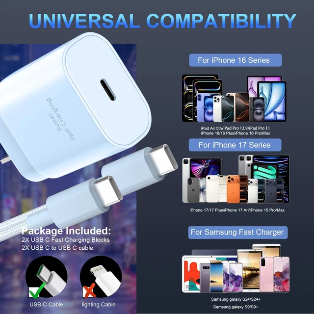 Alt view image 4 of 5 - Phone 16 15 Charger Fast Charging,30W Type C Chargers USB C Charge Block with 2 Pack 10FT USB C Cable Nylon Braided for Phones 16/16 Plus/16 Pro/16 Pro Max/Phone 15/15 Pro Max/Pad Pro/AirPods,Blue