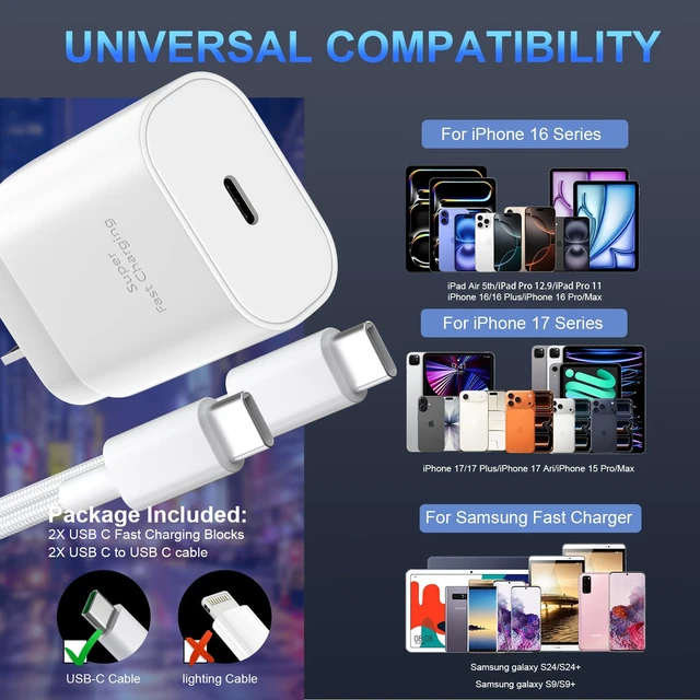 Alt view image 5 of 6 - Phone 16 15 Charger Fast Charging,30W Type C Chargers USB C Charge Block with 2 Pack 10FT USB C Cable Nylon Braided for Phones 16/16 Plus/16 Pro/16 Pro Max/Phone 15/15 Pro Max/Pad Pro/AirPods,White