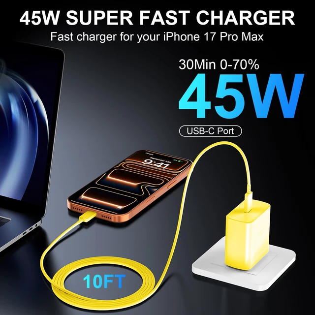 Alt view image 4 of 7 - Phone 18 17 Pro Max Charger Fast Charging 45W USBC Phone Duo Fast Charger | New iPhone Super Fast Charger with 10 FT Long Type C Fast Charging Cable Cord for iPhone 18 Pro Max/Pro/Duo/17/16/Pro Max/