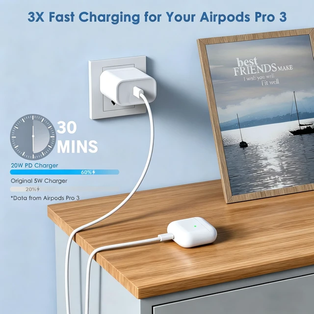Alt view image 2 of 7 - Air-Pods Pro 3 Fast Charger,AirPod Charger Fast Charging USB C Wall Chargers Block Plug&Type C to C Cable Cord for AirPod Pro 3rd/2nd,Air-Pods 4,AirPod Max 2(2026),iPhone 17 Pro Max/Air/16/15