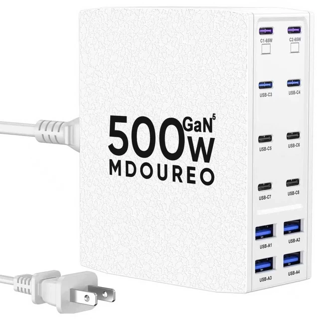 Main image of 500W USB C Charger Block, 12-Port USB C Charging Station for Multiple Devices, Leather Texture Dual PD 65W Laptop Fast Charger Compatible with MacBook Pro/Air, iPad, iPhone,Galaxy and More, White
