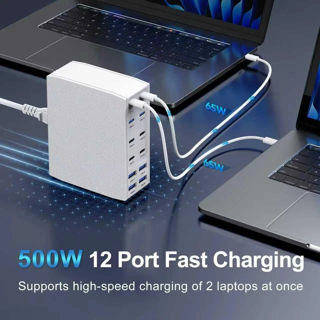 Alt view image 3 of 6 - 500W USB C Charger Block, 12-Port USB C Charging Station for Multiple Devices, Leather Texture Dual PD 65W Laptop Fast Charger Compatible with MacBook Pro/Air, iPad, iPhone,Galaxy and More, White