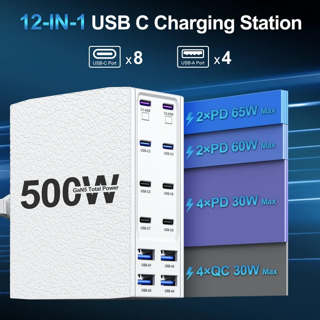 Alt view image 2 of 6 - 500W USB C Charger Block, 12-Port USB C Charging Station for Multiple Devices, Leather Texture Dual PD 65W Laptop Fast Charger Compatible with MacBook Pro/Air, iPad, iPhone,Galaxy and More, White