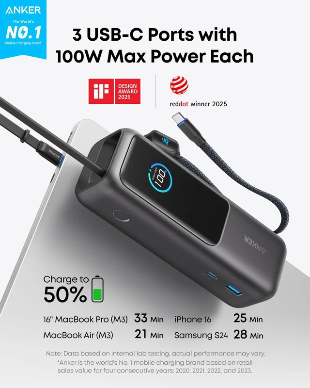 Main image of Anker Laptop Power Bank, 25,000mAh Travel Essential with 165W Total Output | 3 USB-C Ports with 100W Max Each, Built-In Retractable Cables, Flight-Ready, for iPhone 17 Series ,MacBook, and More