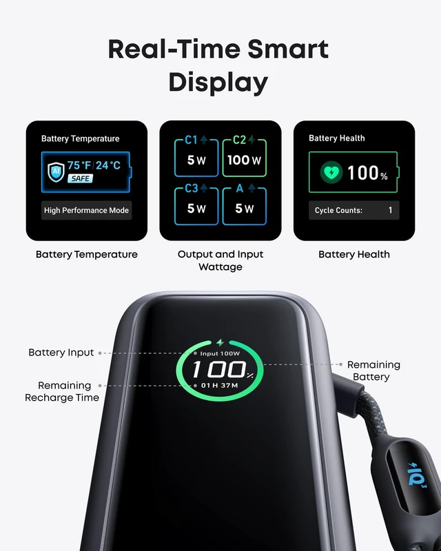 Alt view image 5 of 6 - Anker Laptop Power Bank, 25,000mAh Travel Essential with 165W Total Output | 3 USB-C Ports with 100W Max Each, Built-In Retractable Cables, Flight-Ready, for iPhone 17 Series ,MacBook, and More