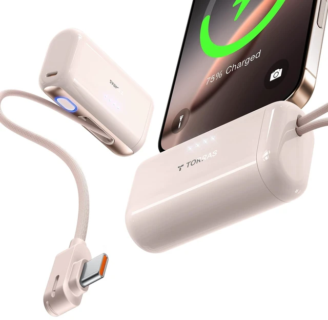 Main image of TORRAS 2-in-1 iPhone 16 Portable Charger, 5,000mAh 22.5W Mini Power Bank with Built-in USB-C Cable, Fast Charge Battery Pack, Travel Essential for iPhone 17/16/15, Galaxy S25, Google Desert Titanium
