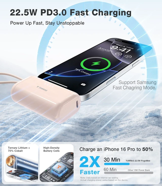Alt view image 3 of 7 - TORRAS 2-in-1 iPhone 16 Portable Charger, 5,000mAh 22.5W Mini Power Bank with Built-in USB-C Cable, Fast Charge Battery Pack, Travel Essential for iPhone 17/16/15, Galaxy S25, Google Desert Titanium