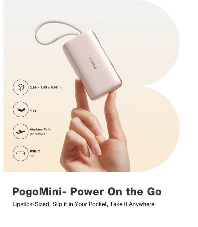 Alt view image 6 of 7 - TORRAS 2-in-1 iPhone 16 Portable Charger, 5,000mAh 22.5W Mini Power Bank with Built-in USB-C Cable, Fast Charge Battery Pack, Travel Essential for iPhone 17/16/15, Galaxy S25, Google Desert Titanium