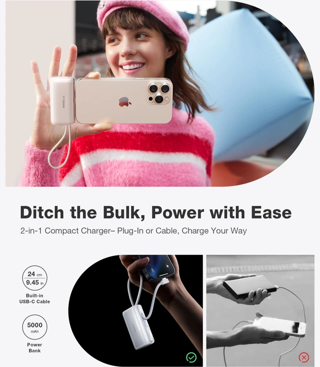 Alt view image 4 of 7 - TORRAS 2-in-1 iPhone 16 Portable Charger, 5,000mAh 22.5W Mini Power Bank with Built-in USB-C Cable, Fast Charge Battery Pack, Travel Essential for iPhone 17/16/15, Galaxy S25, Google Desert Titanium