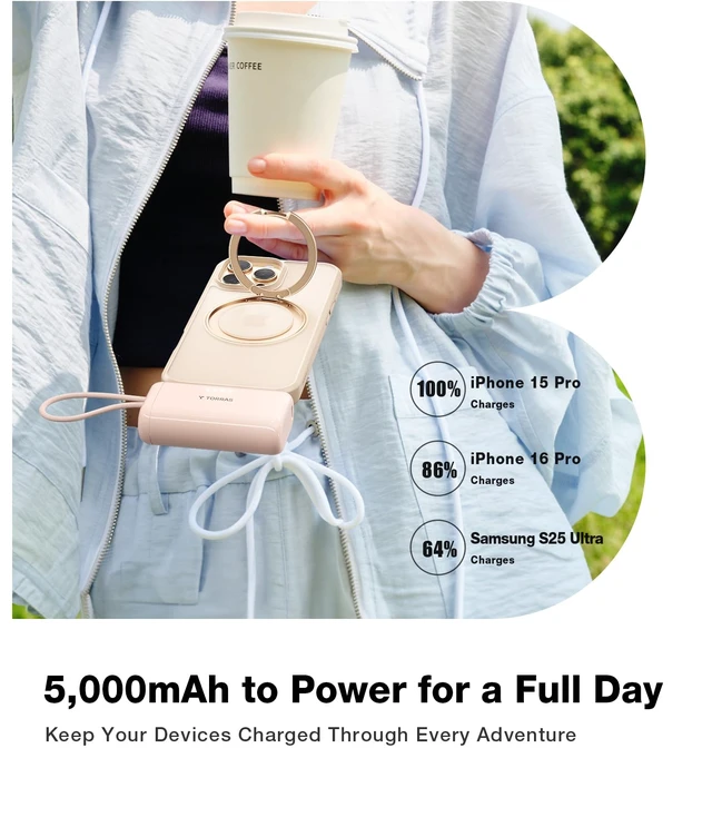 Alt view image 5 of 7 - TORRAS 2-in-1 iPhone 16 Portable Charger, 5,000mAh 22.5W Mini Power Bank with Built-in USB-C Cable, Fast Charge Battery Pack, Travel Essential for iPhone 17/16/15, Galaxy S25, Google Desert Titanium