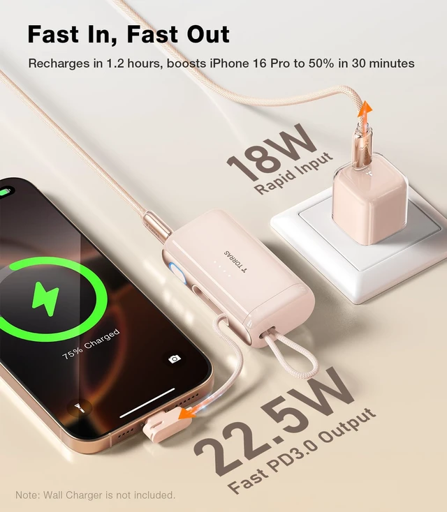 Alt view image 2 of 7 - TORRAS 2-in-1 iPhone 16 Portable Charger, 5,000mAh 22.5W Mini Power Bank with Built-in USB-C Cable, Fast Charge Battery Pack, Travel Essential for iPhone 17/16/15, Galaxy S25, Google Desert Titanium