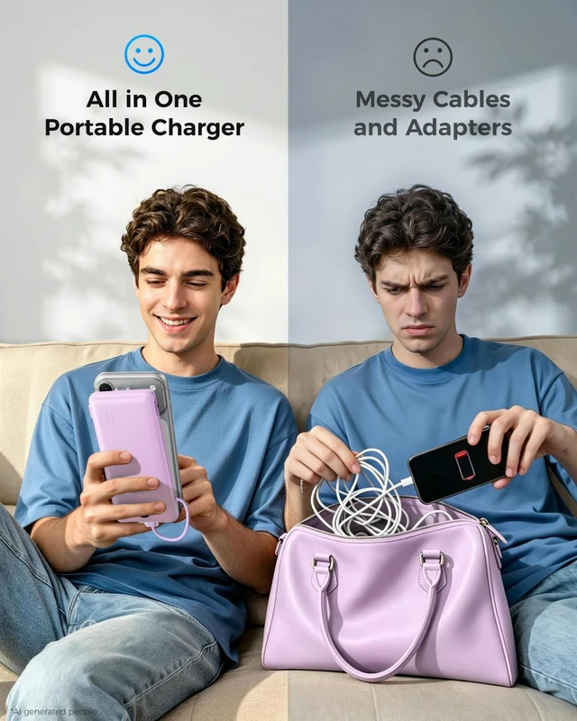 Alt view image 6 of 7 - Portable Charger for iPhone, Power Bank Built in Cables and Wall Plug | 10000mAh,Ultra Slim&Compact,5 Outputs,LED Display,Power Bank for iPhone,Samsung,Travel Essentials for Camping Cruise Business