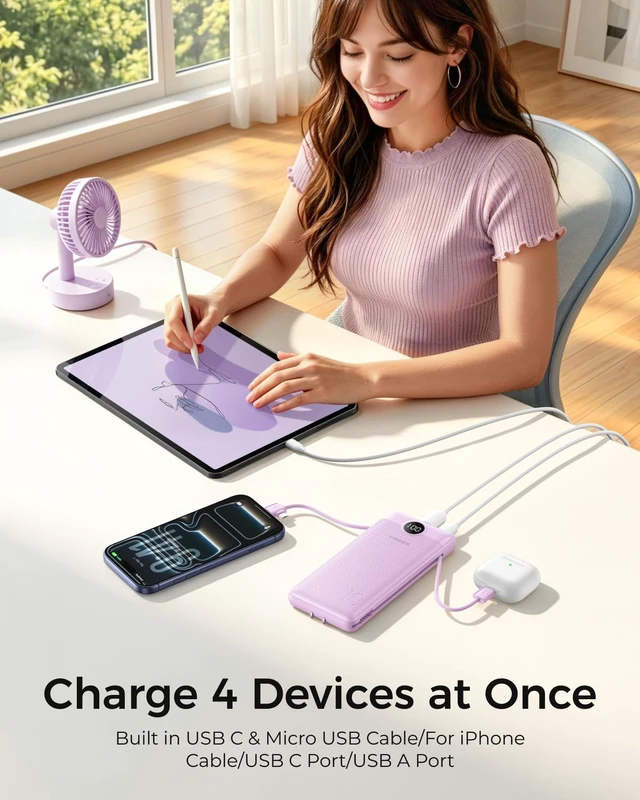 Alt view image 3 of 7 - Portable Charger for iPhone, Power Bank Built in Cables and Wall Plug | 10000mAh,Ultra Slim&Compact,5 Outputs,LED Display,Power Bank for iPhone,Samsung,Travel Essentials for Camping Cruise Business