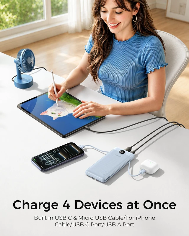 Alt view image 3 of 7 - Portable Charger for iPhone, Power Bank Built in Cables and Wall Plug | 10000mAh,Ultra Slim&Compact,5 Outputs,LED Display,Power Bank for iPhone,Samsung,Travel Essentials for Camping Cruise Business