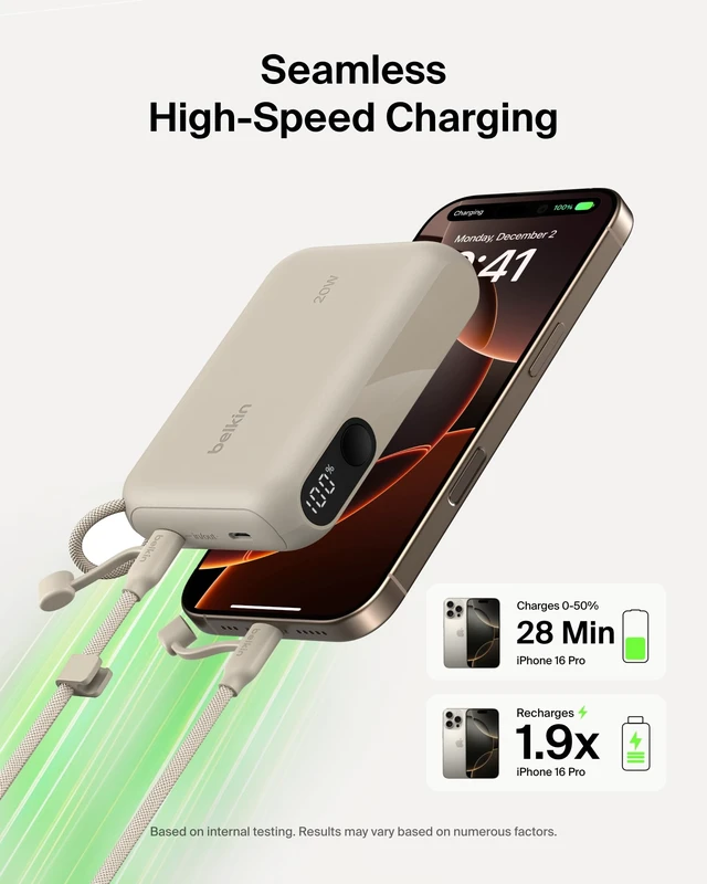 Alt view image 2 of 7 - Belkin 10000mAh 20W Slim Power Bank, Digital Display, 2 USB C Ports | Fast Charging Battery Pack, iPhone 17, Air, Pro, Samsung Galaxy S25, Pixel 10, iPad, Charge 2 Devices