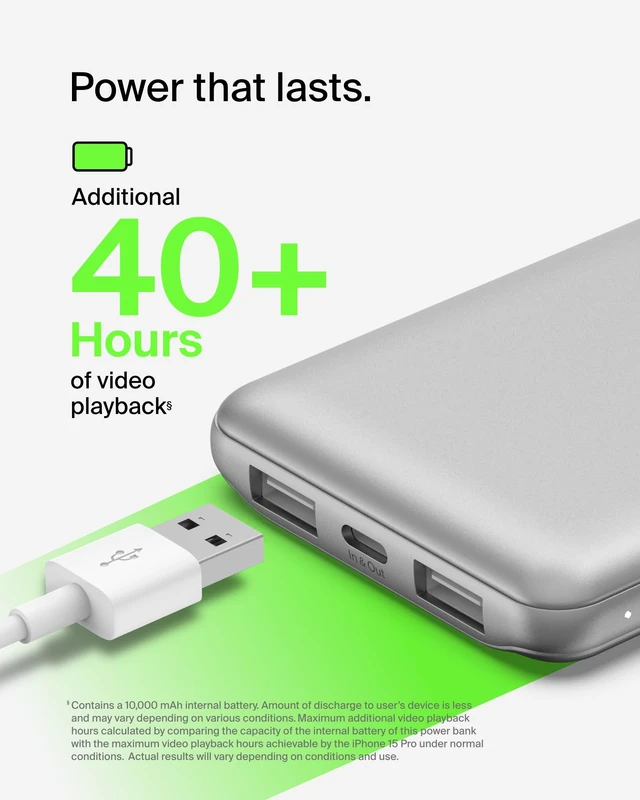 Alt view image 5 of 7 - Belkin 10000mAh 15W 3 Port Power Bank, USB A to USB C Cable Included | Fast Charging, iPhone 17, Samsung Galaxy, Pixel, Airpods, iPad, Nintendo Switch 2, Battery Pack, USB C Port, USB A Port
