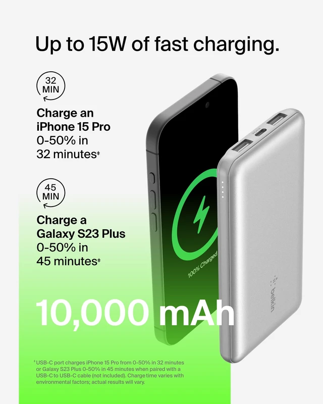 Alt view image 6 of 7 - Belkin 10000mAh 15W 3 Port Power Bank, USB A to USB C Cable Included | Fast Charging, iPhone 17, Samsung Galaxy, Pixel, Airpods, iPad, Nintendo Switch 2, Battery Pack, USB C Port, USB A Port