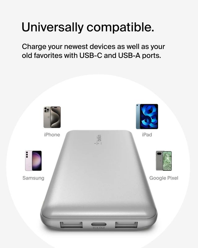 Alt view image 7 of 7 - Belkin 10000mAh 15W 3 Port Power Bank, USB A to USB C Cable Included | Fast Charging, iPhone 17, Samsung Galaxy, Pixel, Airpods, iPad, Nintendo Switch 2, Battery Pack, USB C Port, USB A Port