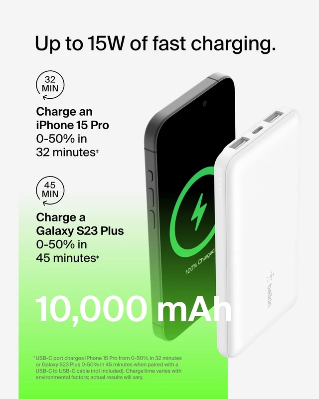Alt view image 5 of 7 - Belkin 10000mAh 15W 3 Port Power Bank, USB A to USB C Cable Included | Fast Charging, iPhone 17, Samsung Galaxy, Pixel, Airpods, iPad, Nintendo Switch 2, Battery Pack, USB C Port, USB A Port