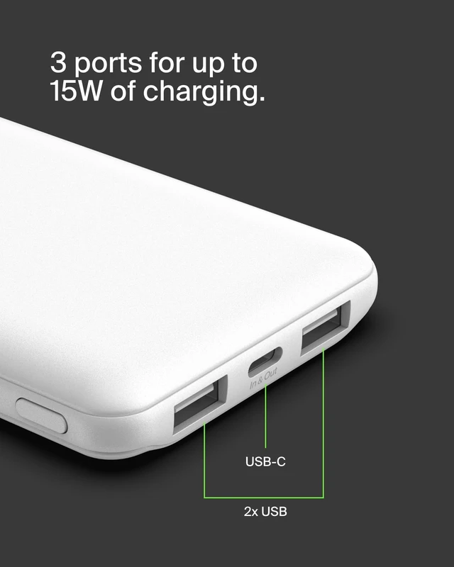 Alt view image 7 of 7 - Belkin 10000mAh 15W 3 Port Power Bank, USB A to USB C Cable Included | Fast Charging, iPhone 17, Samsung Galaxy, Pixel, Airpods, iPad, Nintendo Switch 2, Battery Pack, USB C Port, USB A Port
