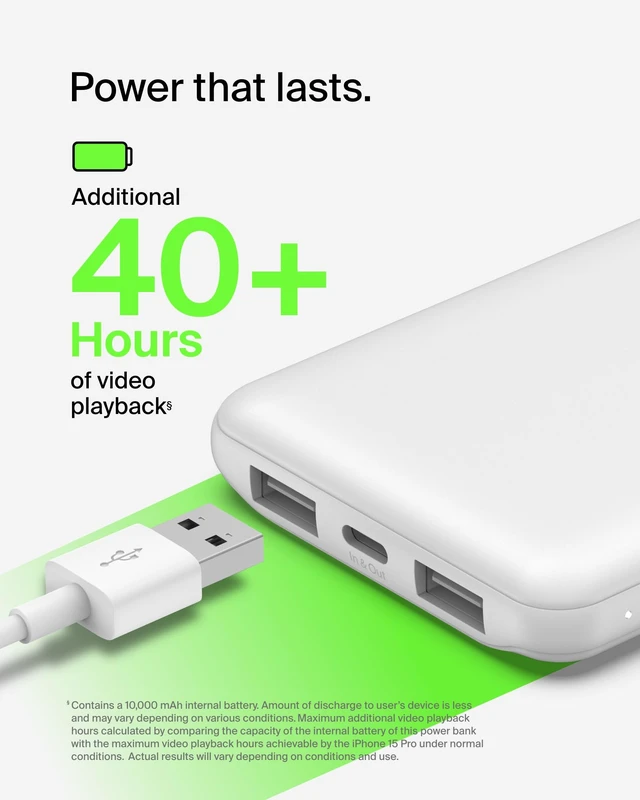 Alt view image 4 of 7 - Belkin 10000mAh 15W 3 Port Power Bank, USB A to USB C Cable Included | Fast Charging, iPhone 17, Samsung Galaxy, Pixel, Airpods, iPad, Nintendo Switch 2, Battery Pack, USB C Port, USB A Port