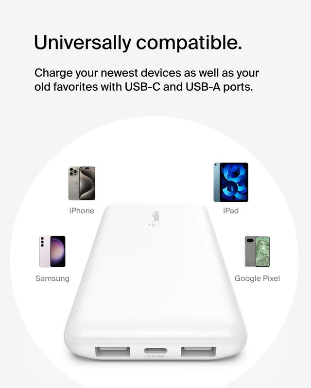 Alt view image 6 of 7 - Belkin 10000mAh 15W 3 Port Power Bank, USB A to USB C Cable Included | Fast Charging, iPhone 17, Samsung Galaxy, Pixel, Airpods, iPad, Nintendo Switch 2, Battery Pack, USB C Port, USB A Port
