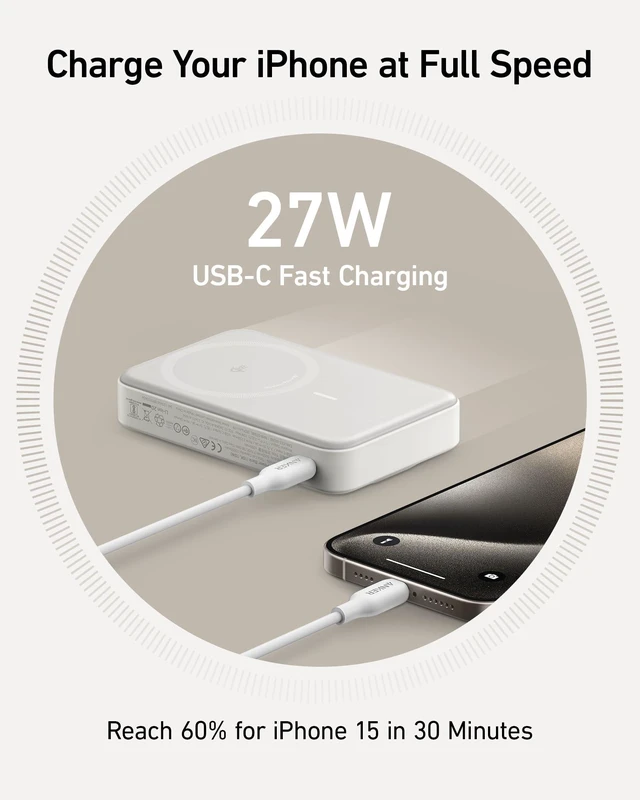 Alt view image 5 of 6 - Anker MagGo Power Bank, 10,000mAh Qi2-Certified 15W Max Portable Charger | Fast MagSafe-Compatible Battery Pack, Smart Display, Foldable Stand, for iPhone 16 / 15 / 14 / 13 Only (USB-C Cable Included)