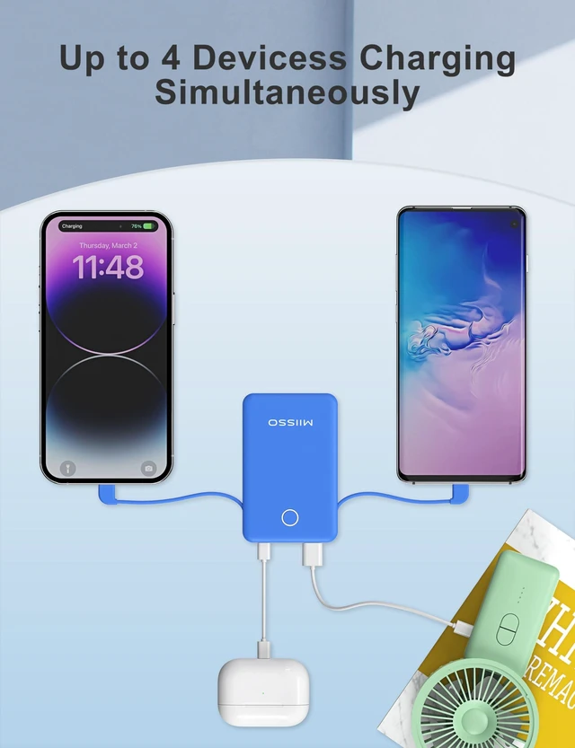 Alt view image 5 of 7 - miisso 6000mah Ultra Slim Power Bank, Card Size, Deep Blue | Built in Cables, USB C Cords, Travel Essential, Battery Pack Portable Charger for Phones, 3 Output, Compatible with iPhone
