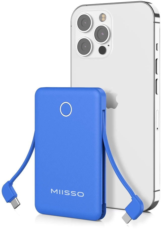 Main image of miisso 6000mah Ultra Slim Power Bank, Card Size, Deep Blue | Built in Cables, USB C Cords, Travel Essential, Battery Pack Portable Charger for Phones, 3 Output, Compatible with iPhone
