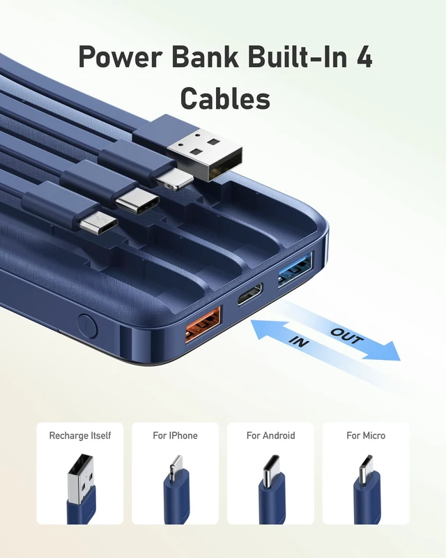 Alt view image 2 of 7 - charmast Portable Charger Built-in Cables, 10000mAh Slim Power Bank Pocket | 22.5W Fast Charging Battery Pack for iPhone 17/16/15 Samsung Android, Flight-Approved, Multi-Device, USB-C, Daily Commute