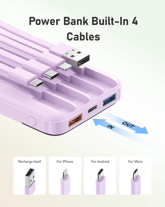 Alt view image 2 of 7 - charmast Portable Charger Built-in Cables, 10000mAh Slim Power Bank Pocket | 22.5W Fast Charging Battery Pack for iPhone 17/16/15 Samsung Android, Flight-Approved, Multi-Device, USB-C, Daily Commute