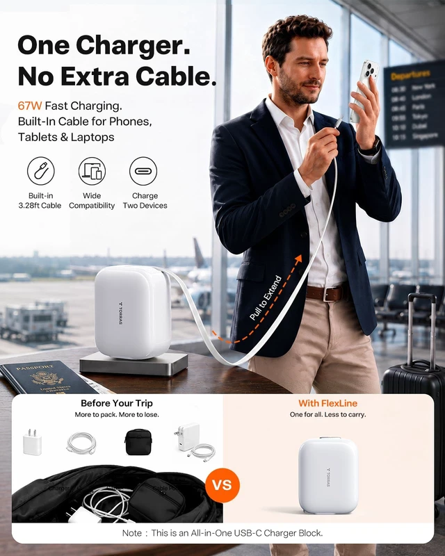 Alt view image 2 of 7 - TORRAS FlexLine 67W USB C Charger, Fast Charging AVS Retractable Charger | for iPhone 18 Pro Max/iPad/MacBook/Z Fold 8, GaN III, Dual-Port Fast Charging, Retractable Cable, Travel and Desk Use