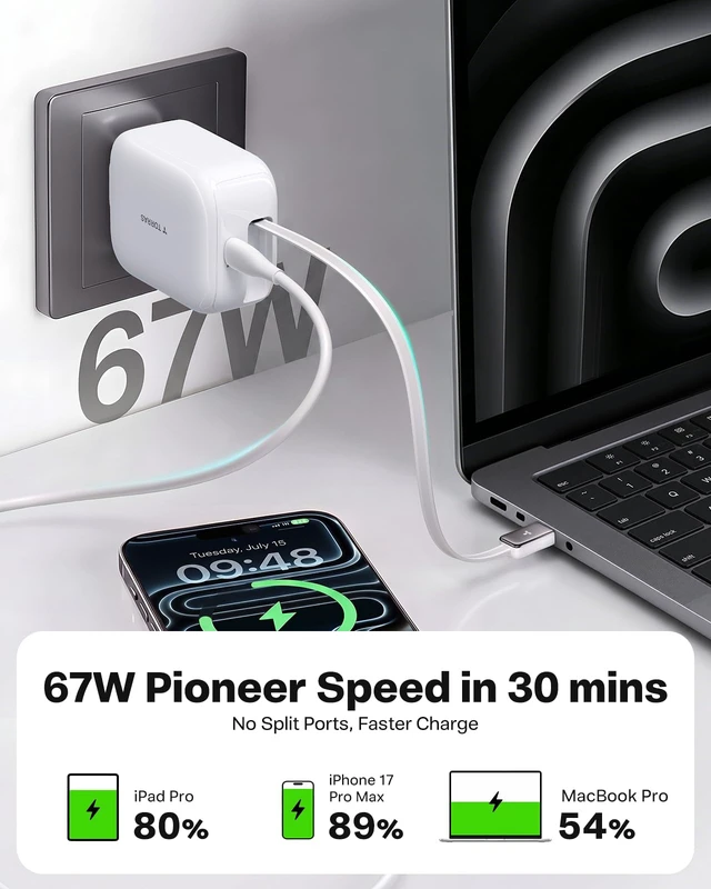 Alt view image 3 of 7 - TORRAS FlexLine 67W USB C Charger, Fast Charging AVS Retractable Charger | for iPhone 18 Pro Max/iPad/MacBook/Z Fold 8, GaN III, Dual-Port Fast Charging, Retractable Cable, Travel and Desk Use