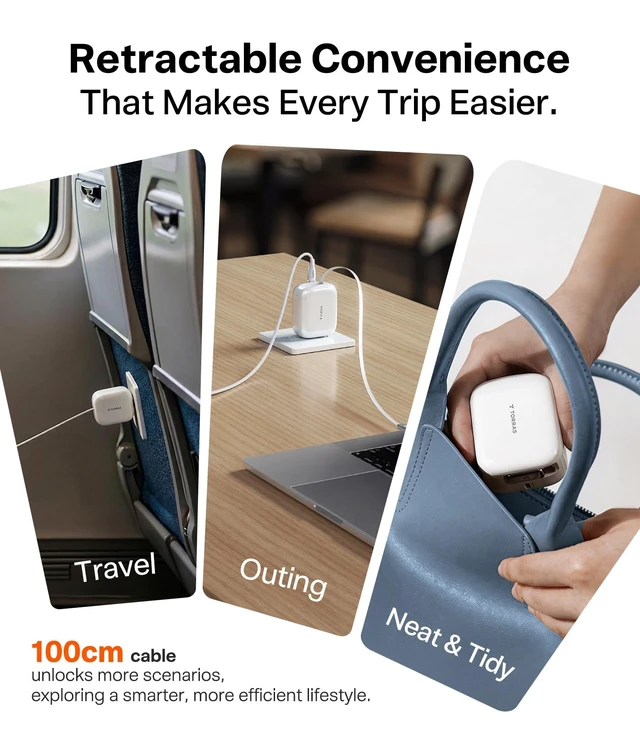 Alt view image 6 of 7 - TORRAS FlexLine 67W USB C Charger, Fast Charging AVS Retractable Charger | for iPhone 18 Pro Max/iPad/MacBook/Z Fold 8, GaN III, Dual-Port Fast Charging, Retractable Cable, Travel and Desk Use