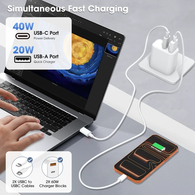 Alt view image 4 of 7 - iPhone 17/16/15 Pro/Pro Max Charger, Dual Port USB-C Wall Charger with PD 40W & QC 20W Fast Charging, 10FT USB-C Cable for iPhone, iPad Pro, MacBook M1/M2/M3, Android (White, 6 FT)