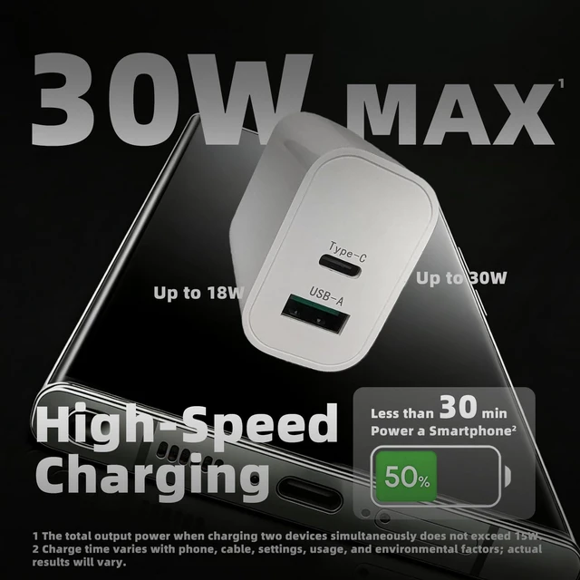 Alt view image 2 of 7 - SinitoAula 30W USB-C Charger Block with Extra USB-A Port (White, 1-Pack) | Type C Power Adapter for Wall Outlet, Fast Charging Plug for Cell Phones, Tablets, Earphones, Power Banks, Smart Wearables