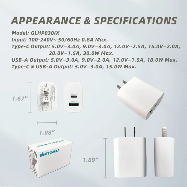 Alt view image 7 of 7 - SinitoAula 30W USB-C Charger Block with Extra USB-A Port (White, 1-Pack) | Type C Power Adapter for Wall Outlet, Fast Charging Plug for Cell Phones, Tablets, Earphones, Power Banks, Smart Wearables