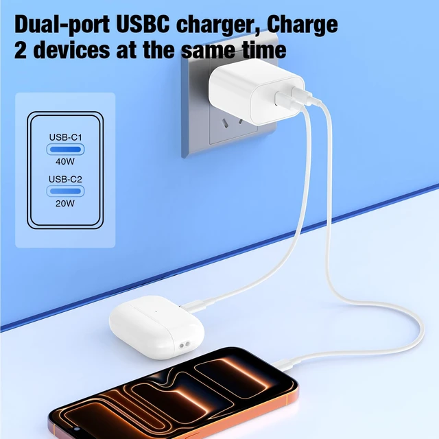 Alt view image 3 of 7 - Dual Port Type-C Fast Charger 60W(in Total for iPhone 17 16 15 Pro Max Plus | 4x 6/10FT PD3.0 USBC Fast Charging Cable/Cord for iPhone 17/16/15 Pro/Plus,iPad, Samsung Galaxy S26 S25 S24 S23