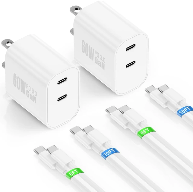 Main image of Dual Port Type-C Fast Charger 60W(in Total for iPhone 17 16 15 Pro Max Plus | 4x 6/10FT PD3.0 USBC Fast Charging Cable/Cord for iPhone 17/16/15 Pro/Plus,iPad, Samsung Galaxy S26 S25 S24 S23